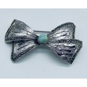 Sphinx Silver Tone Bow Faux Turquoise Brooch Pin Cabuchon Marcasite
